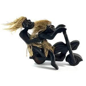 Hand Carved Tribal Biker Couple on Motorcycle Tribal Sculpture Indonesia